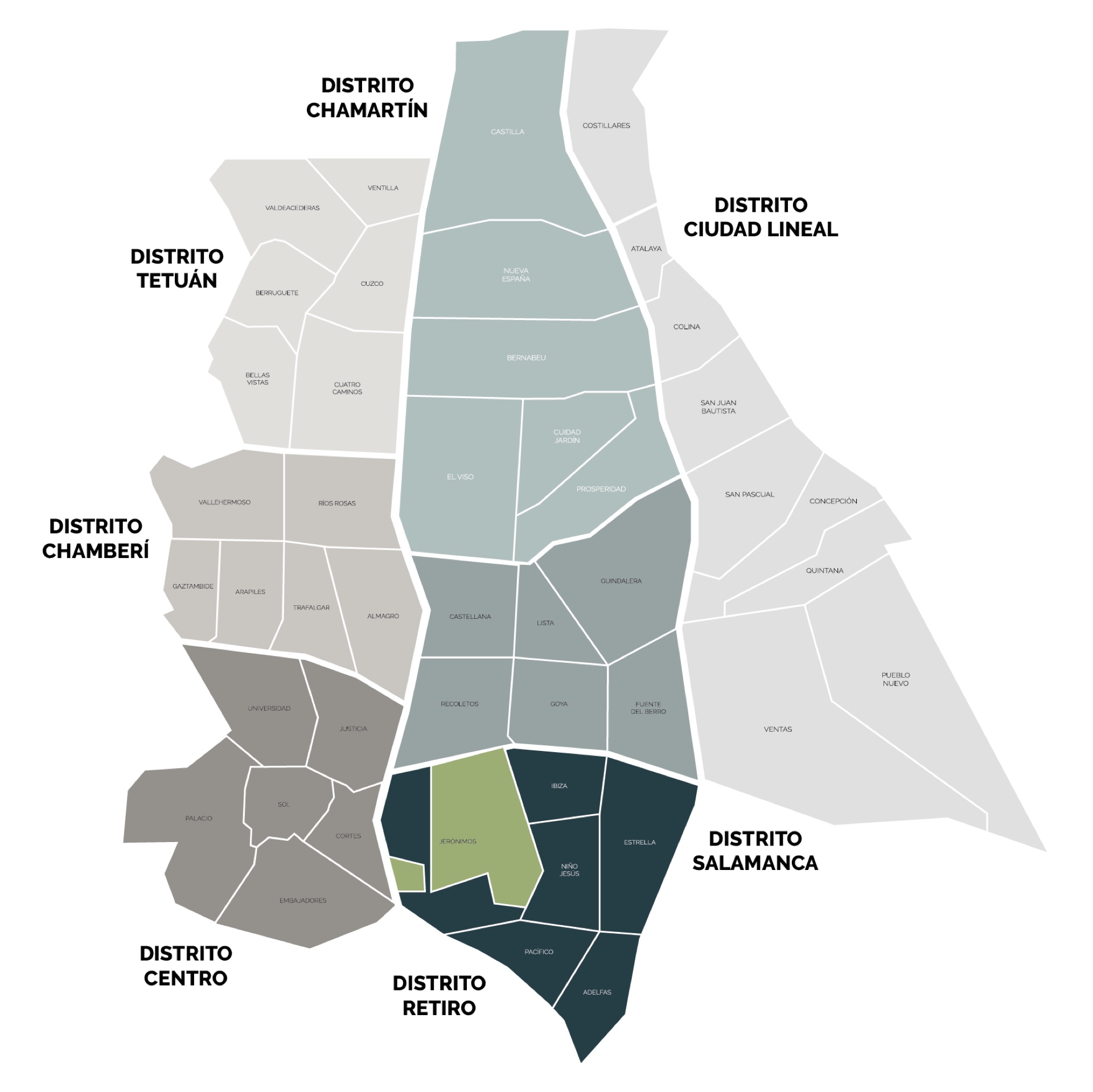 Mapa de los distritos prime de Madrid: Chamartín, Salamanca, Chamberí, Retiro, Centro, Tetuán y Ciudad Lineal
